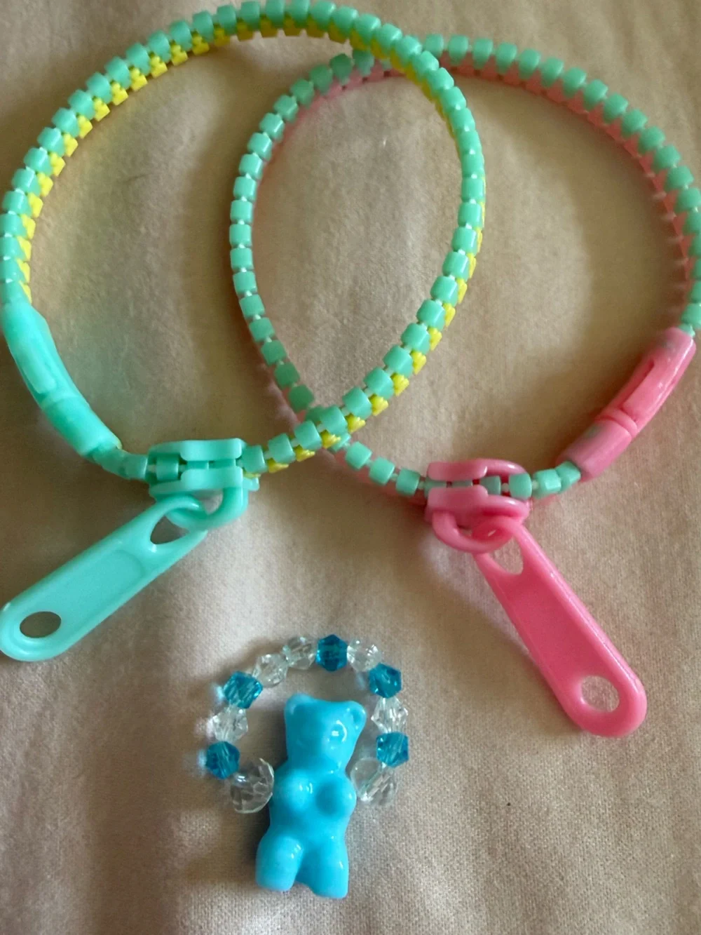 Pastel Zipper Bracelet Set + Blue Gummy Bear Ring Kawaii Rave Candycore Y2K Kids